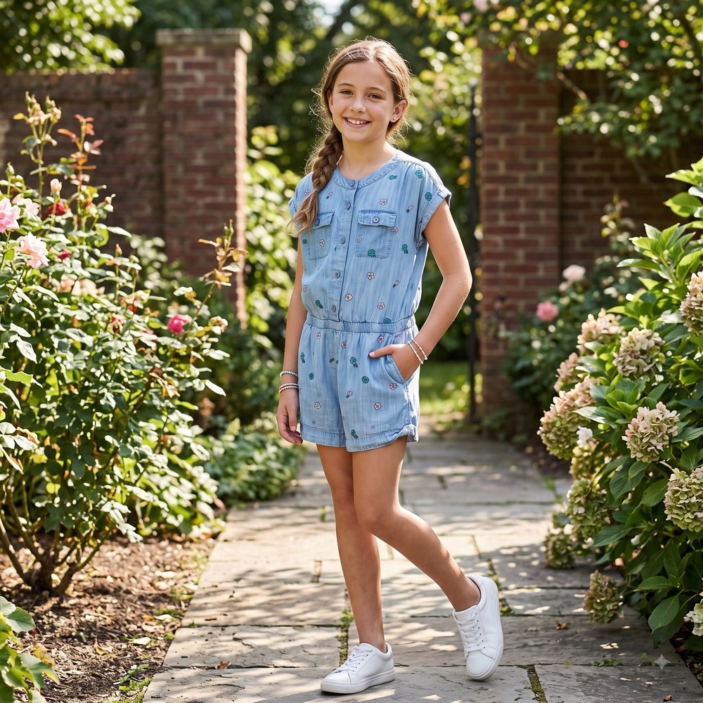 Consgt Youth XL‎ Denim Romper with Floral Embroidery Short Sleeve Chambray Kids